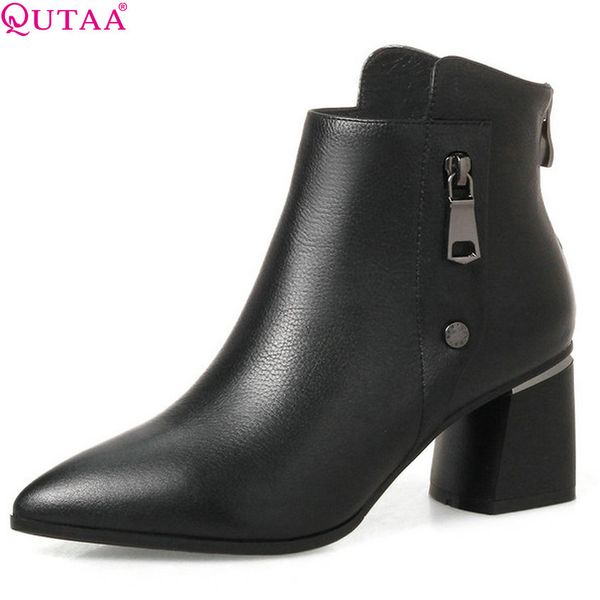 

qutaa 2019 women ankle boots genuine leather+pu women shoes pointed toe winter shoes ladies motorcycle boots big size 34-42, Black