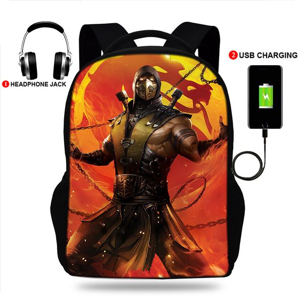 

mortal kombat scorpions revenge usb charging backpack boys girls travel bag for teenagers school bag for students