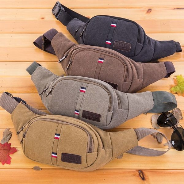 

men's running leisure multi-function canvas shoulder canvas shoulder bag large capacity mobile phone breast bag fanny pack, White