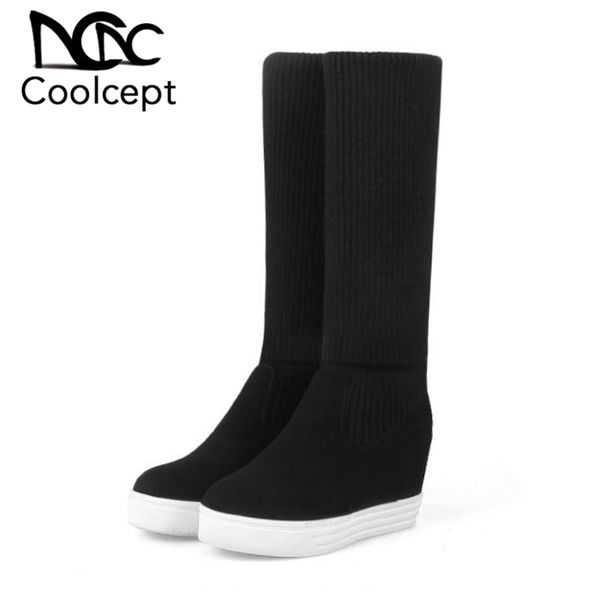 

coolcept over the knee boots for women solid color round toe height increasing shoes women winter warm footwear size 34-44, Black