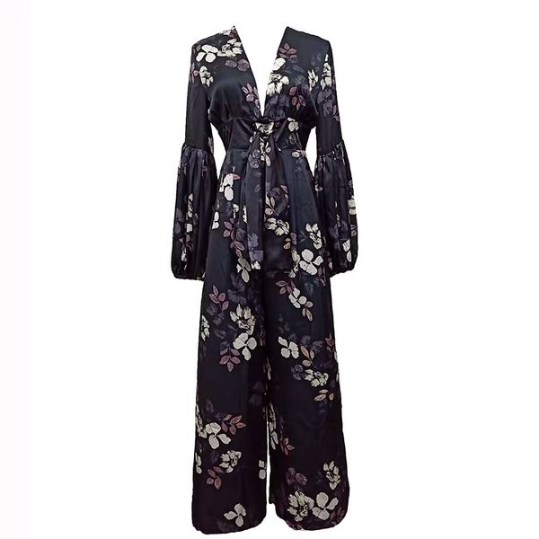 

2019 summer maxi long women print jumpsuits loose overall v-neck evening party ankle-length bohemian full sleeve pants black, Black;white