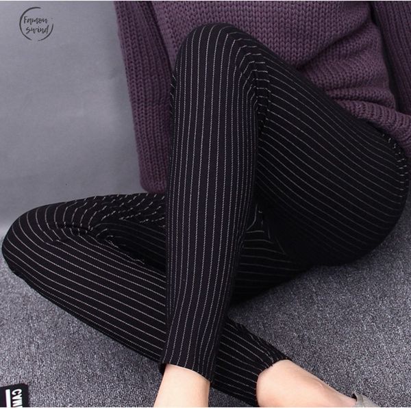 

large pant lady size l high waist pencil cotton blended fit stripe pant spring autumn leggings slim khaki red black, Black;white