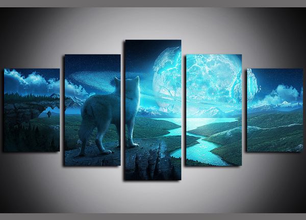 

5 panels full moon night animal wolf artwork giclee canvas art print modern abstract pictures paintings on canvas wall art for home decor