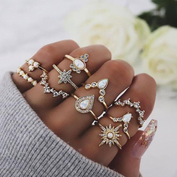 

женщины boho midi finger rings set для женщин урожай кристалл драгоценный камень корона невесты подружка невесты свадебные костяшки кольца б, Golden;silver