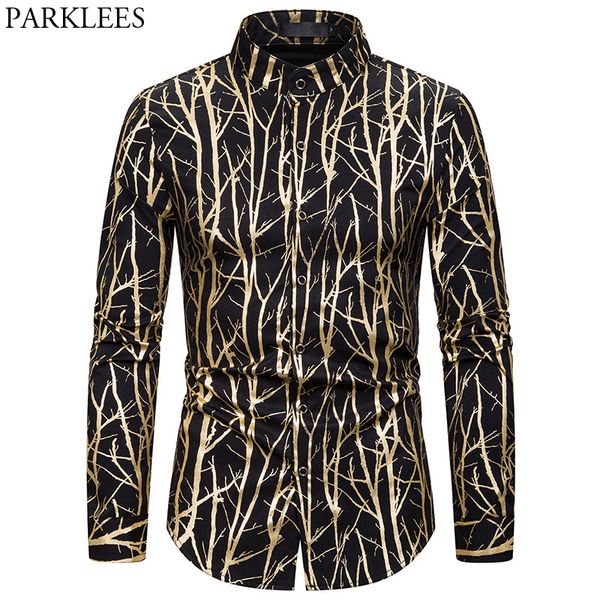 

shiny gold branches bronzing party shirt men 2020 brand banded collar socila shirts men dress wedding club prom bar tuxedo shirt, White;black
