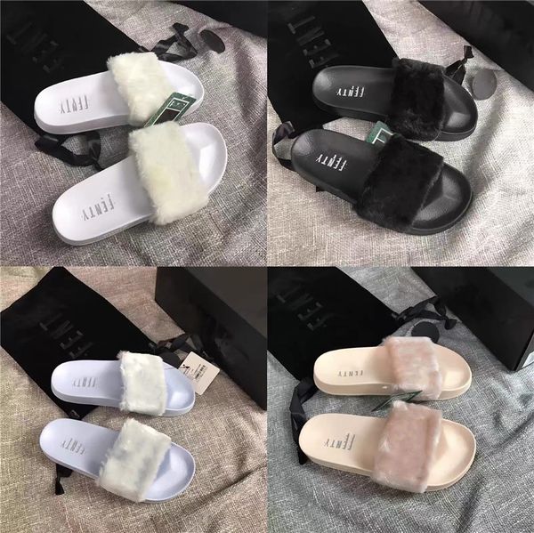 

factory wholesale custom indoor raccoon slide slide sandals fashion ladies real fox fur slippers#758, Black