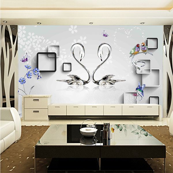 

modern personalized creative 3d wallpapers couple of swan wall paper birds flower solid borders household papel de parede decor