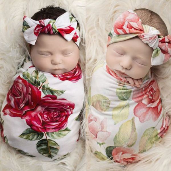 

newborn infant baby cotton flower swaddle blanket swadding 2pcs set soft sleeping swaddle muslin wrap headband clothes