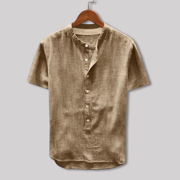 

men's casual shirts men linen lump chest button short sleeve round hem loose tie henley shirt summer, White;black
