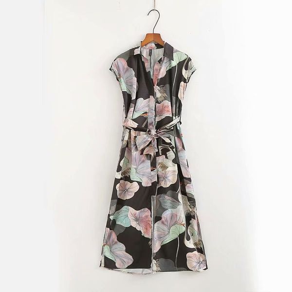 

2020 women's short-sleeved printed lapel sleeveless dress women dresses summer party long maxi dress elegant vestidos, Black;gray