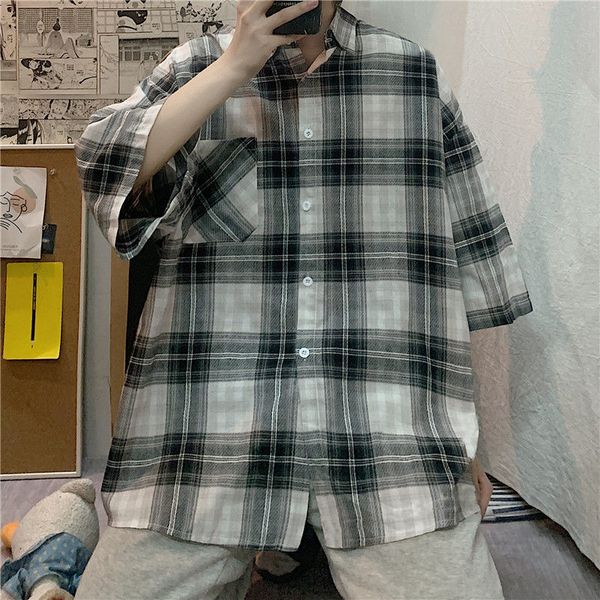 

men's casual shirts summer plaid shirt fashion retro men streetwear wild korean loose short sleeve mens -xl, White;black