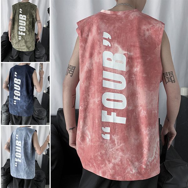 

sports vest men training clothes men workout tank print letter running vest tie dye sleeveless shirt joggers underwear, Black;blue