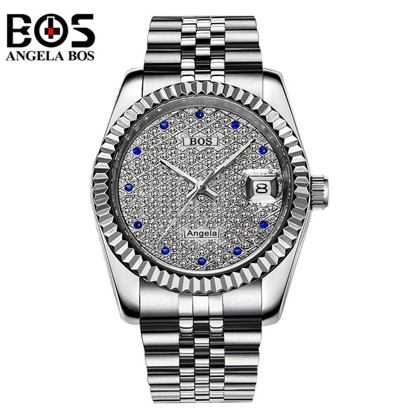 

relogio masculino angela bos luxury automatic watch mens waterproof diamond luminous gold silver mechanical wristwatch clock man, Slivery;brown