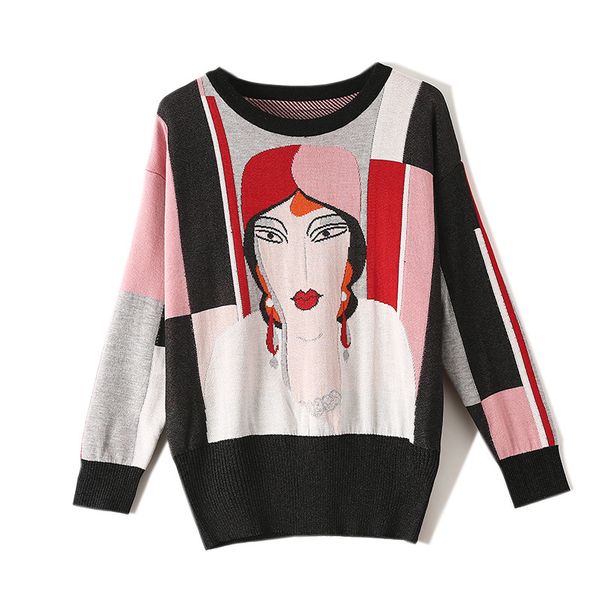

2019 autumn and winter new women sweaters long sleeve beauty lady pattern jacquard knitted pullover sueter mujer ta2118, White;black