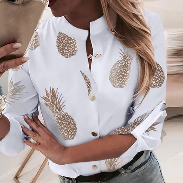 

womens shirt 2019 new button down pineapple print long sleeve blouses casual pineapple blusas mujer de moda, White