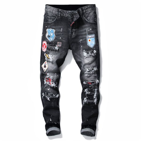 

нового мужских знаки разрывы stretch black jeans модельер slim fit омывается motocycle джинсовых брюк hip hop панелей брюки, Blue