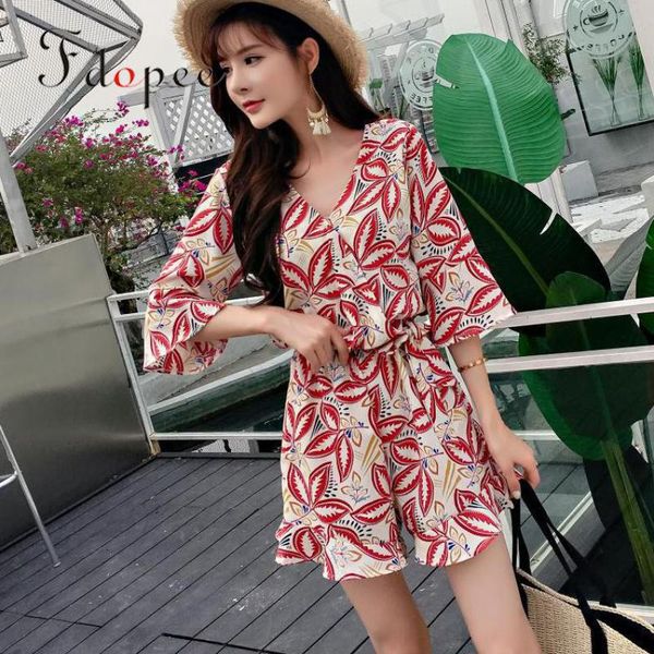 

rompers womens jumpsuit fashion beach chiffon printed bell sleeve high waist color matching thin comfort women bodysuit, Black;white