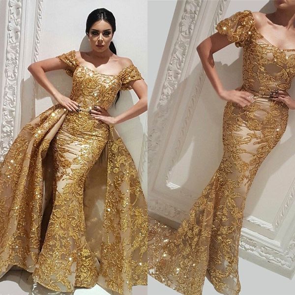 

new couture dubai sparkly gold evening dresses with detachable train robe de soiree aibye muslim turkish prom gowns abendkleider, Black;red