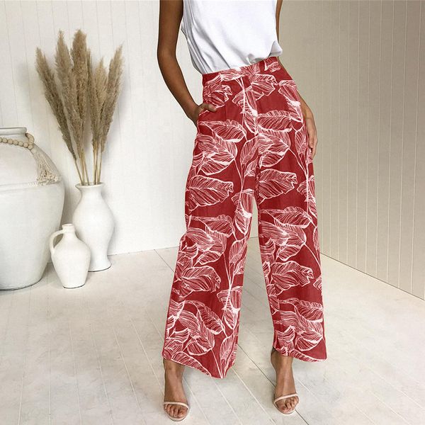 

summer loose maxi print pants trousers for women 2018 autumn women fashion printed leaves high waist casual wide leg pants, Black;white