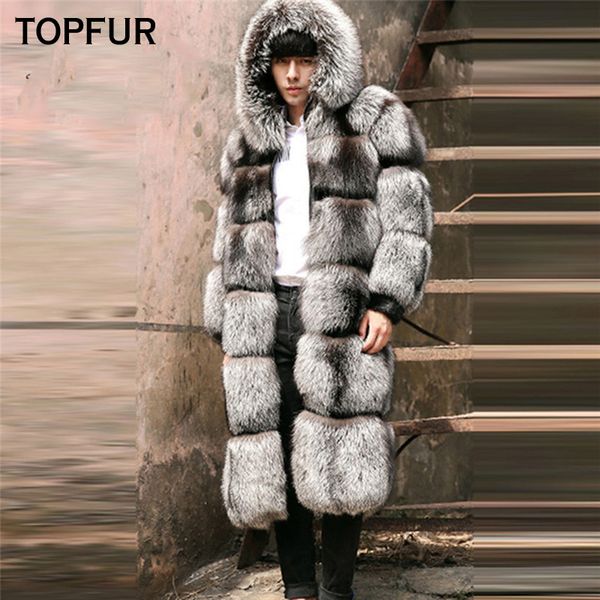 

ur 2019 new fashion real fur coat for men luxury winter natural silver fox fur leather jacket with hood for men outerwear, Black