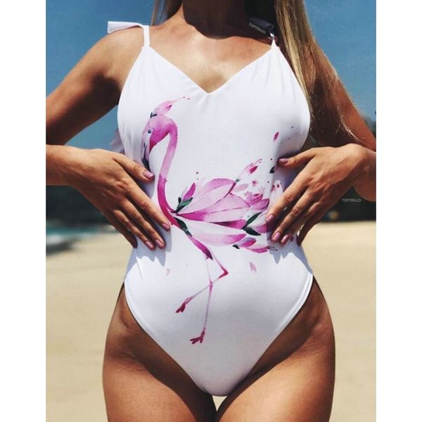

ruffle backless bathing suit one piece swimwear 2019 women push up flamingo swimsuit brazilian bikini halter swim body suit, White;black