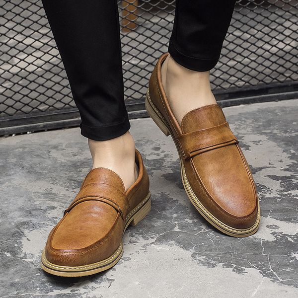 

shallow solid men's loafers leather formal business dress shoes man slip on soft comfortable casual male footwear flats, Black