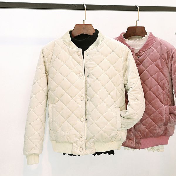 

2019 rhombus embossing winter parkas women jacket cotton warm thick lady peluche baseball coat female outwear overcoat clothing, Tan;black