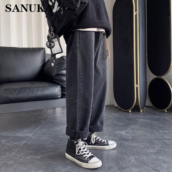 

men blue jeans blue belt 2020 couple straight harem pants man japanese streetwear hip hop denim male loose wide leg pants