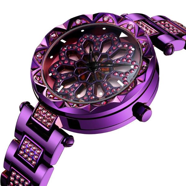 

rotating flower quartz watch women rose gold stainless watchband casual waterproof wristwatch gift, Slivery;brown