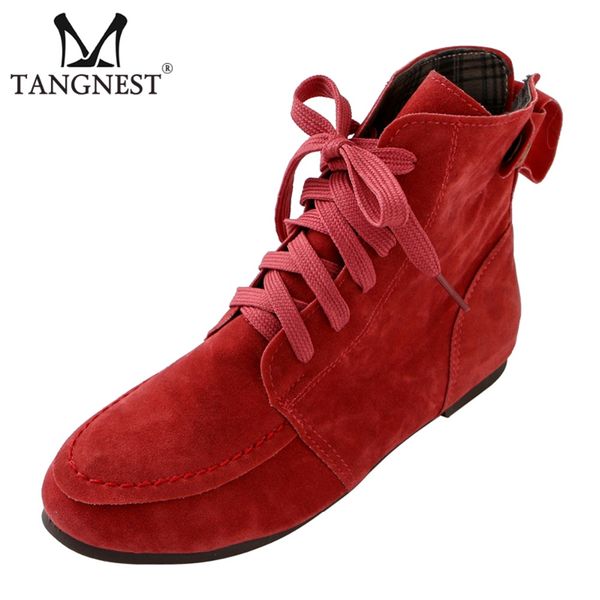 

tangnest winter women boots red platform lace up flats solid round toe ankle boots lady casual fashion shoes xwx6766, Black