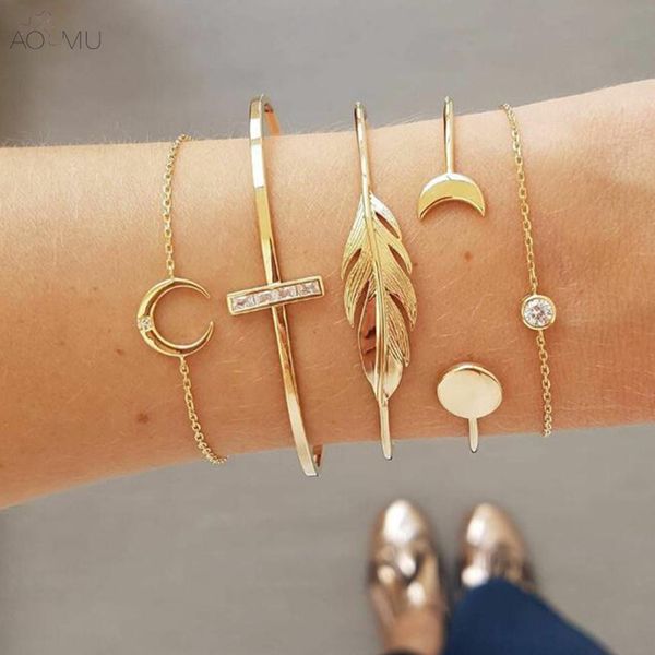 

aomu 5pcs/set simple golden metal feather rhinestone moon crescent bracelet for women girl party gift accessories jewelry, Black