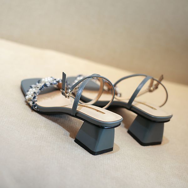 

sandals koovan women's women shoes 2021 summer fairy style high heel chunky toe pearl square ins fashion, Black