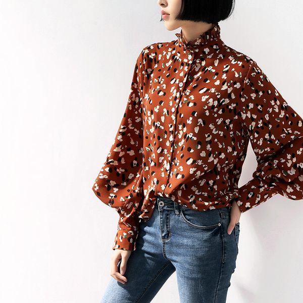 

vintage floral shirts women and blouses ruffles stand collar print fashion female lantern sleeves chiffon blouses, White