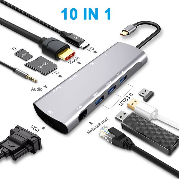 

USB-концентратор C, 10-В-1 Тип C-концентратор с портом Ethernet, 4K USB-C к HDMI, VGA, 3 USB 3.0 порта, по