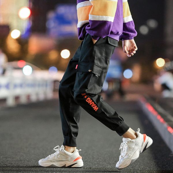 

streetwear hip hop men cargo pants ribbons pocket joggers sweatpants men black ankle length casual trousers for male