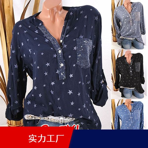 

large size women's cotton and linen blouse 2020 spring new product sequins can pull long sleeve ladies shirt, White