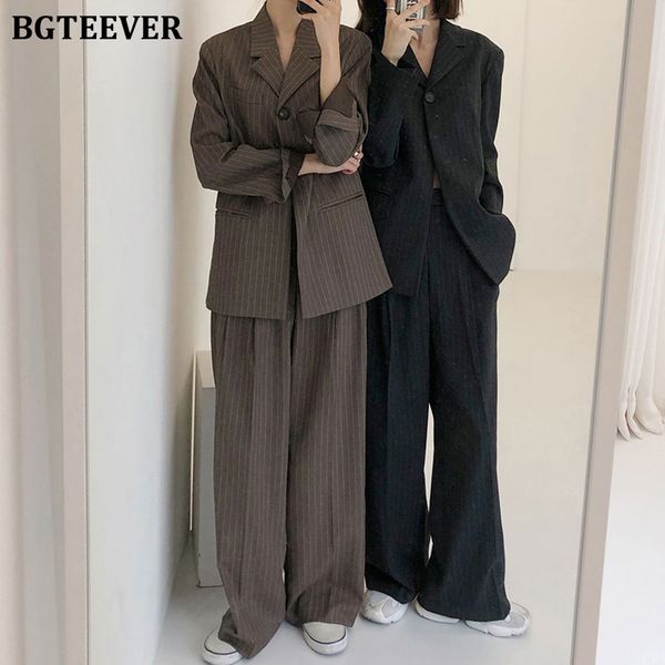 

women's suits & blazers bgteever casual striped one button women blazer set loose pant female 2021 streetwear two pieces trouser suit, White;black