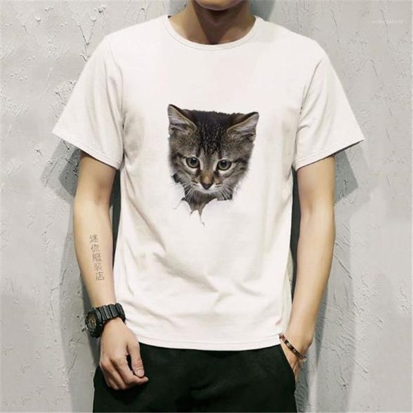 

cat print mens tshirt casual short sleeve round neck white tees summer teenagers basic 3d, White;black