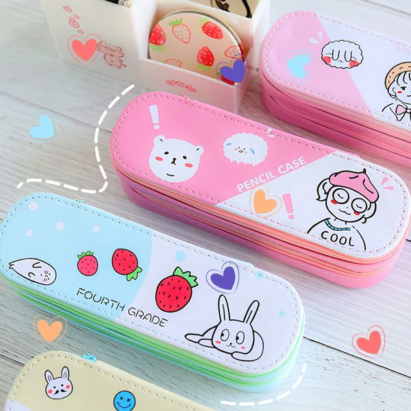 

1pc large capacity pu pencil case double layer kawaii student pencil pouches korean stationery bags for girls gifts