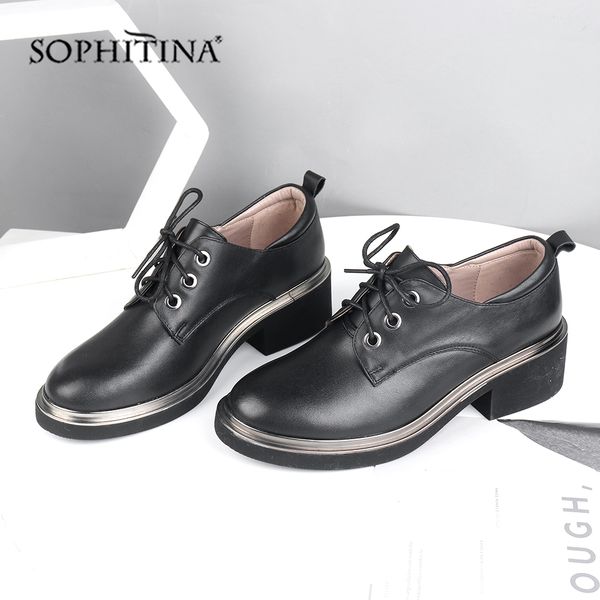 

sophitina fashion solid pumps neutral genuine leather comfortable lace-up square heel shoes new women's pumps sc566, Black