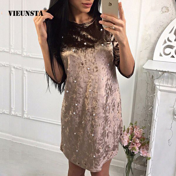 

vieunsta 2xl spring half sleeve gold velvet chic mini dress women casual o neck party dresses elegant pearl beading short dress, Black;gray