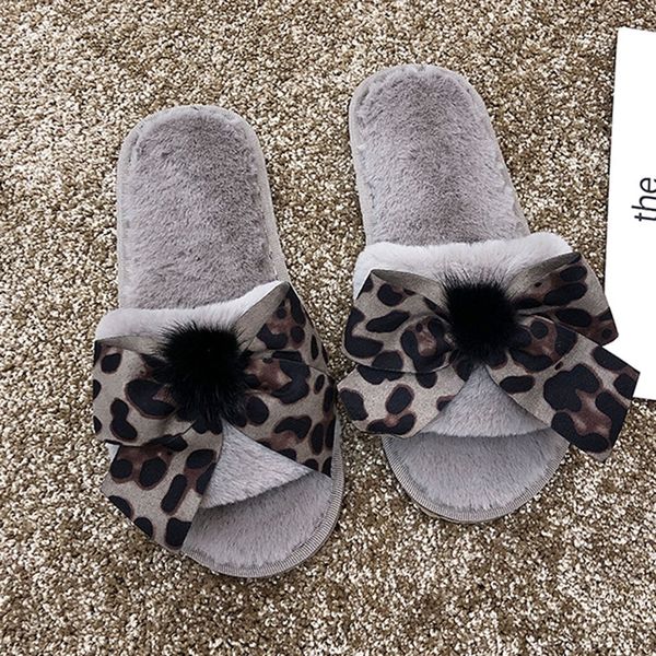 

women flip flop warm solid bow knot leopard plush soft slippers indoorsÂ floor room chinelos mulher chanclas mujer tongs femme, Black