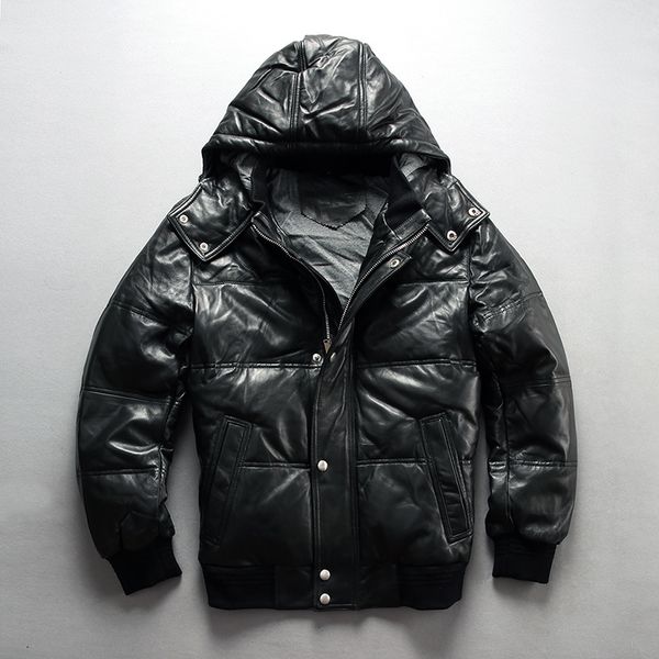 

2020 men's hooded genuine leather down jacket black sheepskin winter leather coat men white duck down coat jacket for men