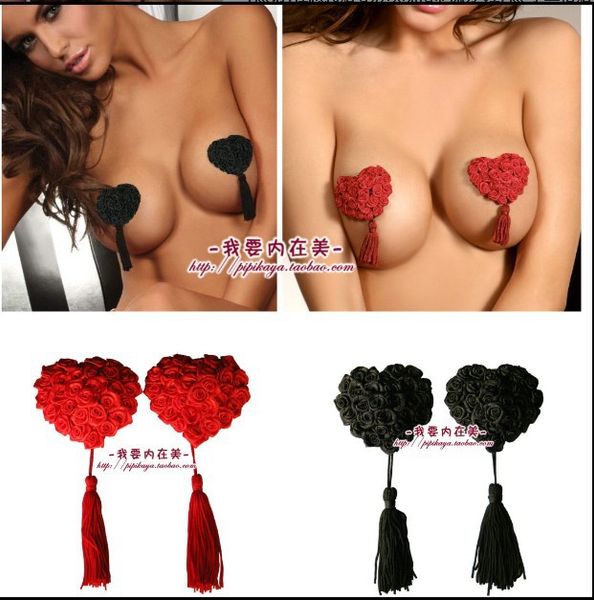 

underwear breast pad charm silicone heart shape tassels rose flower, Black;white