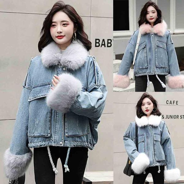 

women winter jacket jeans thicken long sleeve long fur collar outerwear 2019 support wholesale dropshipping, Tan;black