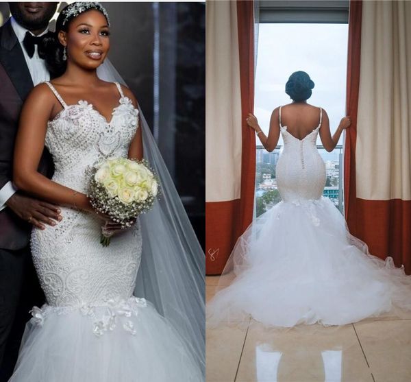 

new african luxury mermaid wedding dresses spaghetti straps lace crystal beading with flowers court train plus size formal bridal gowns, White