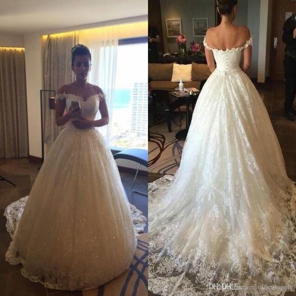 

bohemian off shoulder wedding dresses 2019 lace sequins appliques chapel train wedding gowns back covered button bridal gowns, White