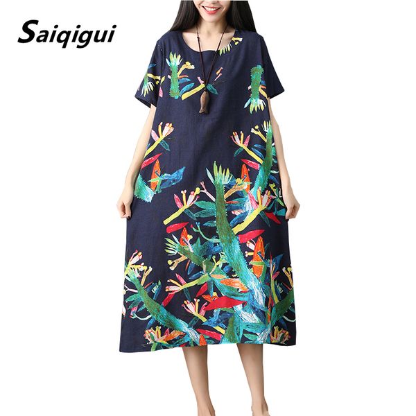 

Saiqigui 2019 fashion large size summer dress short sleeve women dress casual Loose Print cotton Linen dress o-neck vestidos