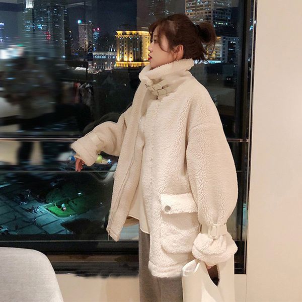 

women's fur coat 2019 korean coat wild lamb white fur plush motorcycle clothing one loose faux furry jacket, Black