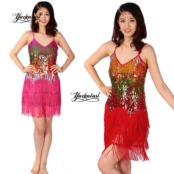 

latin chaga dance stage competition costume modern dance performance costume sling sequined fringed latin skirt, Black;red